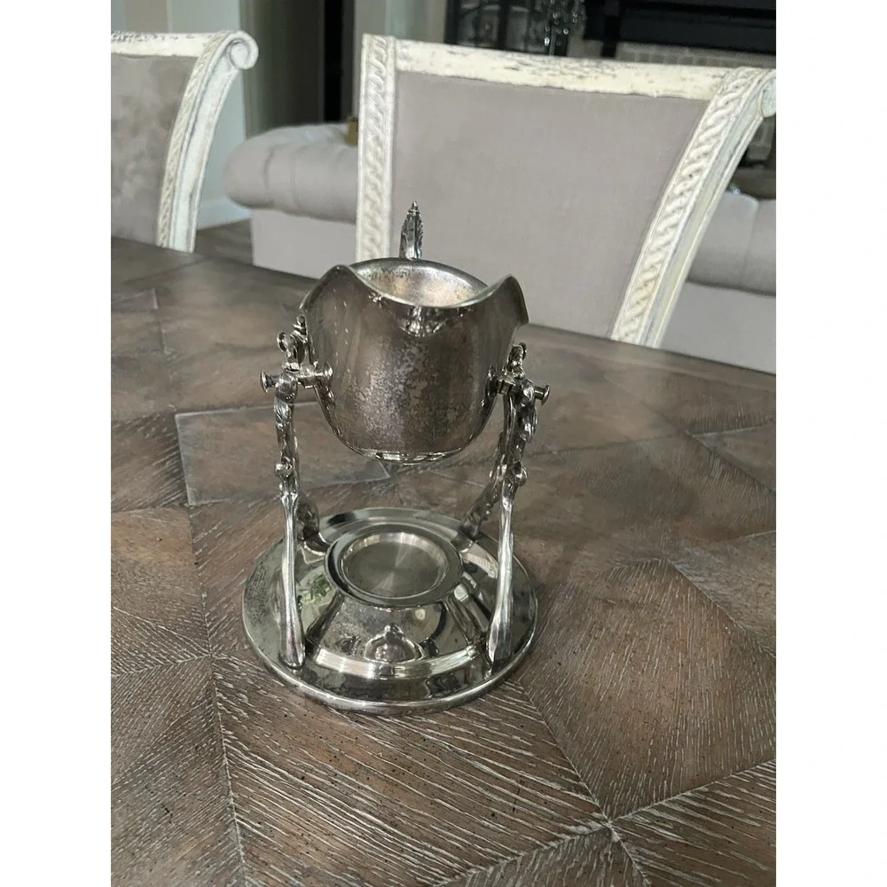 Vintage Ornate Silver‎ Plate Gravy Boat Server Pedestal With Warming Stand